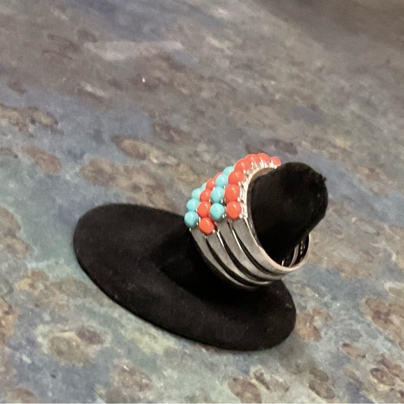 Turquoise and Coral Beaded Sterling Silver 4 Stack Rings - Picture 3 of 6